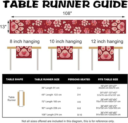 Valentines Day Dog Cat Paw Prints Table Runner, Red Love Hearts Kitchen Dining Table Decoration Pet Lover Gift, Anniversary Wedding Burlap Indoor Outdoor Home Decor Party Supply 13 x 108 Inches