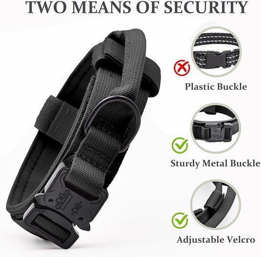 Tactical Dog Collar Set, Adjustable Military Training Nylon Dog Collar with Control Handle and Heavy Quick-Release Metal Buckle for Small Medium Large Dogs, Black Set M