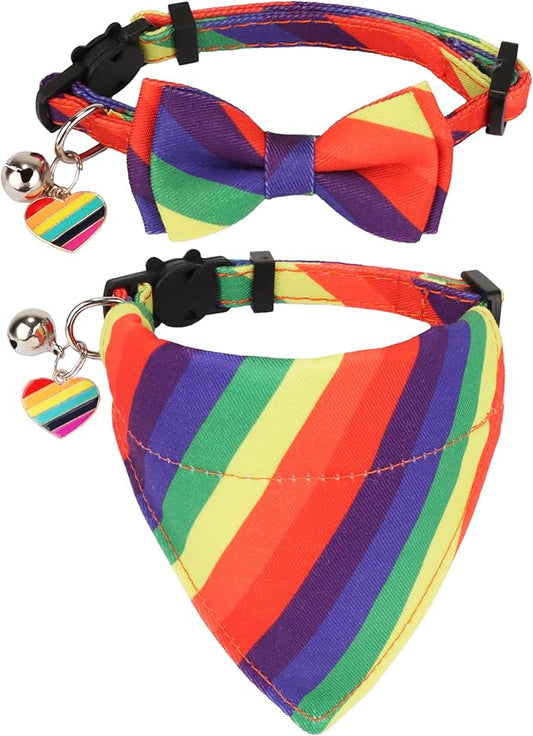 ADOGGYGO Rainbow Cat Collar with Bow Bandana - 2 Pack Cute Kitten Bowtie Collar for LGBT Pride Month, Adjustable Rainbow Collar for Cats