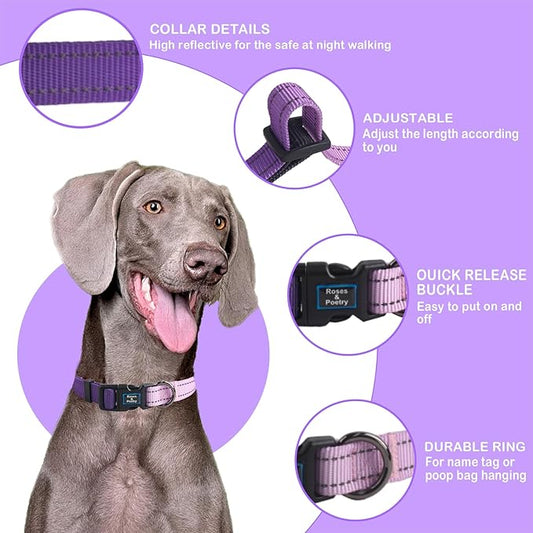 Roses&Poetry Large Dog Collar, Adjustable Reflective Durable Pet Collars for Small Medium Large Dogs(Lightpurple-L)