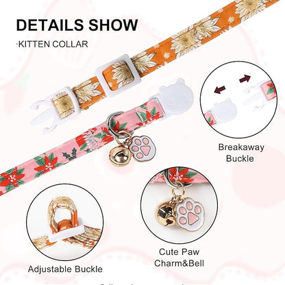 Unique Style Paws Christmas Kitten Collar,2 Pack Cat Collar for Girl Cats with Flower Pattern,Breakaway Cat Collar with Bell,Cute Paw Pendant,Ideal Gift for Boy Girl Cats