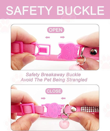 Solmoony Breakaway Cat Collars with Bell,Adjustable Safe Kitten Collar,Cat Collars for Girl Cats with Rhinestone Soft Velvet (Pink)