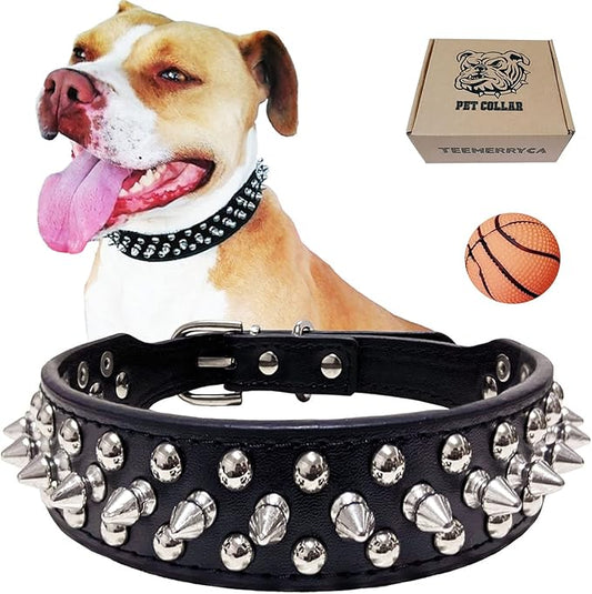 TEEMERRYCA Adjustable Microfiber Leather Spiked Studded Dog Collars with a Squeak Ball Gift for Small Medium Large Pets Like Cats/Pit Bull/Bulldog/Pugs/Husky, Black, S 10.8-13.2 inches