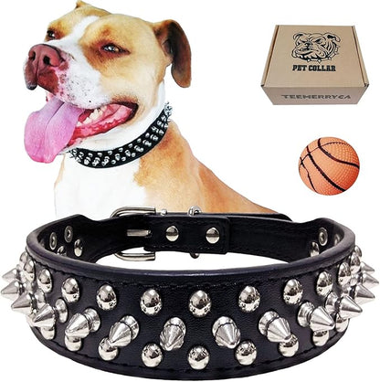 TEEMERRYCA Adjustable Microfiber Leather Spiked Studded Dog Collars with a Squeak Ball Gift for Small Medium Large Pets Like Cats/Pit Bull/Bulldog/Pugs/Husky, Black, XL 17.7-20.5 inches