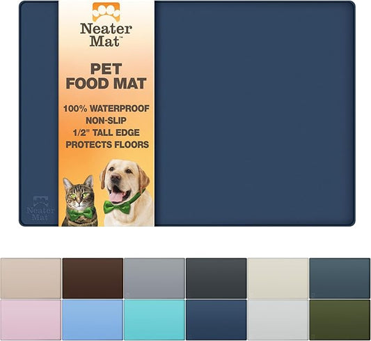 Neater Pet Brands Neater Mat Pet Mats for Food and Water, Cat & Dog Bowl Mat Waterproof Silicone, Feeding Tray, Dog Food Mats for Floors, Placemat w/Raised Edge for Under Bowls, 16” x 10”, Dark Blue