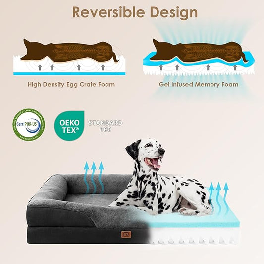 EHEYCIGA Orthopedic XL Dog Bed for Large Sized Dog, 42x30x7.5 Inch Extra Large Memory Foam Dog Couch Bed with Sides, Waterproof Liner & Washable Removable Cover, Bolster Pet Sofa, Grey/Black