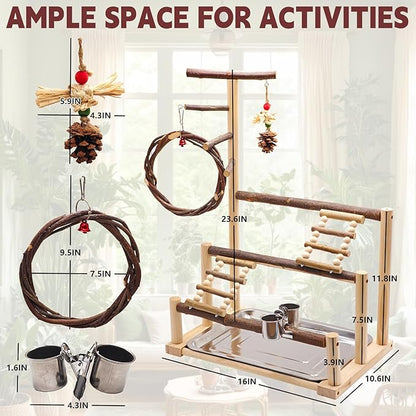 ‌Bird Playground, Natural Wooden Parrot Stand with Feeding Cups, Swing, Chew Toys, and Other Cage Accessories for Small to Medium Birds.Ideal for Cockatiels, Budgies, African Greys, and Conures