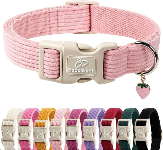 Cute Corduroy Dog Collar - Pink Adjustable Dog Collars for Medium Dogs 25-50lbs, Fade-Proof with Secure Snap & Little Charm, Christmas Birthday Gift, M