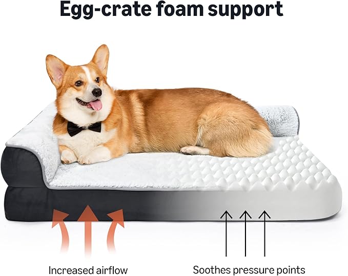 Amazon Basics Washable L-Shaped Dog Bed for Medium Dogs, Anti-Slip Pet Sofa Bed for Indoor Dogs, Crate Bed, 36x27x8 Inches, Gray, Medium