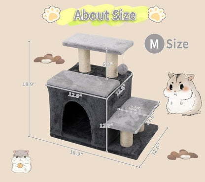 3-in-1 Pet Stairs for Cats for High Bed, Adjustable Dog Steps, Modular 3-Tier, Cushioned Steps & Cat Condo, Adjustable Entrance, Dangling Ball, for Kittens, Senior & Cats (Grey, Medium)