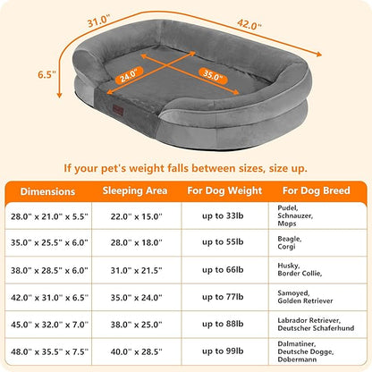 Dwanton Orthopedic Dog Bed for Large Dogs with Gel Memory Foam, Waterproof Dog Sofa, Washable Pet Bed with Four Sided Bolster Cushion, Removable Cover & Non-Slip Bottom, 42", Medium Gray