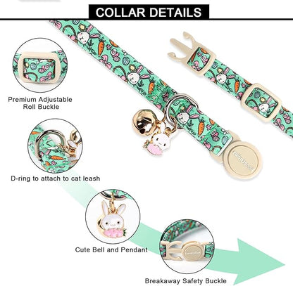 Lionet Paws 2pcs Pack Easter Cotton Cat Collar,Breakaway Buckle with Rabbit and Colorful Eggs Cute Adjustable Green Cat Kitten Collar,Ideal for Girl Cats Boy Cats