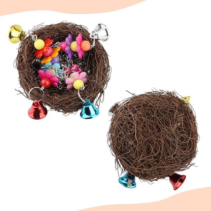 Hypeety Natural Rattan Nest Bird Swing Toy Colorful Flowers Bells for Budgie Parakeet Finch Lovebird Cockatiel (C)