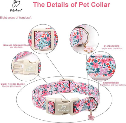 Floral Dog Collar, Cute Girl Dog Collars - Pastel Wildflowers Pattern Spring Summer Puppy Collar, Adjustable Female Dog Collars for Small Medium Large Dogs S