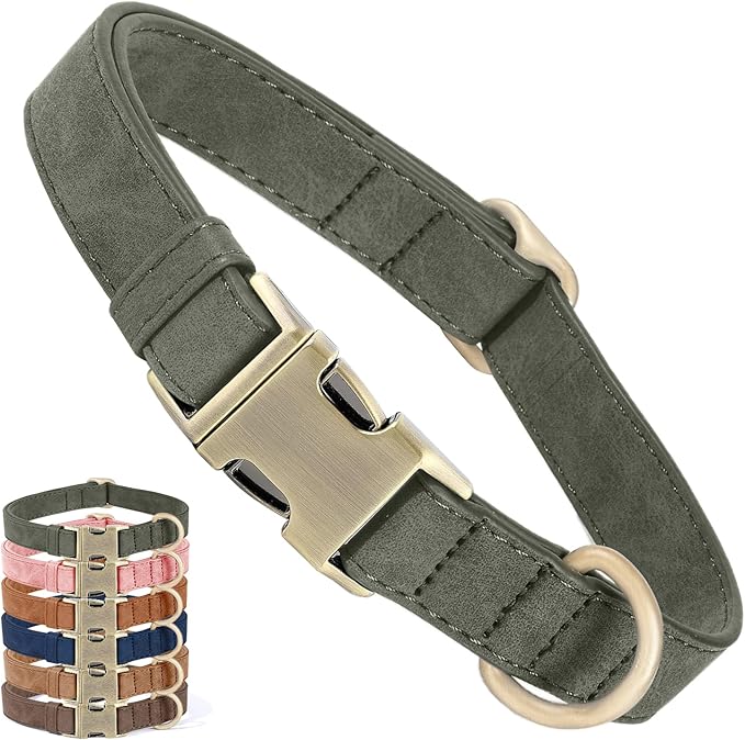 Genuine Leather Dog Collar - Adjustable Pet Collar with Quick Release Metal Buckle, Soft Skin Friendly Real Leather Collar for Small, Medium, Large Dogs (Dark Green, M：Fit 12-20" Neck)