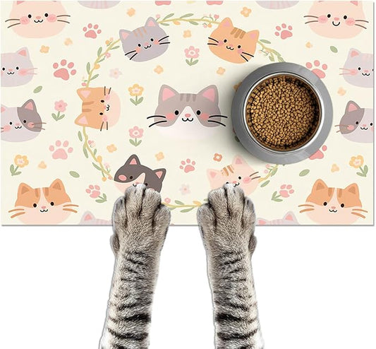 Cat Feeding Mat 24x16 inch Floral Ring Kitten Print Pet Bowl Placemat Non Slip Floor Mat for Food and Water Indoor Kitty Feeding Station Cute Meal Pad for Small Pets Kitchen Use
