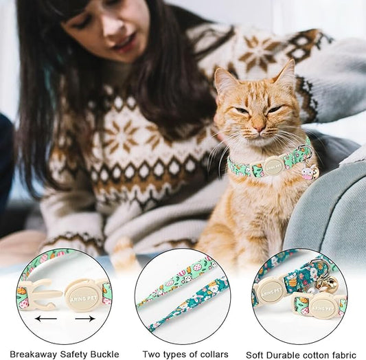 ARING PET 2 Pack Easter Cat Collars-Cute Bunny Cat Collar Breakaway with Bell&Pendant, Adjustable Green Rabbit Kitten Collars with Safety Buckle for Girl&Boy Cats