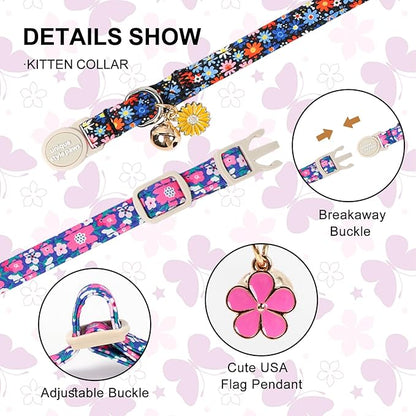 Unique Style Paws Blue Flower Cat Collar,Flower Cat Collars,Blue Kitten Collar Breakaway Buckle,Adjustable Spring Summer Puppy Collar,Ideal Gift for Boy Girl Cats
