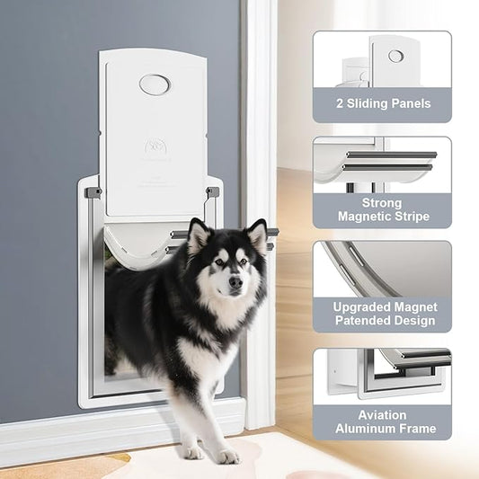 Dog Door for Wall, Steel Dog Door with Telescoping Tunnel, Weatherproof Pet Door with Two Sliding Lock Panels and Magnetic Flaps, Easy to Install, White, X-Large