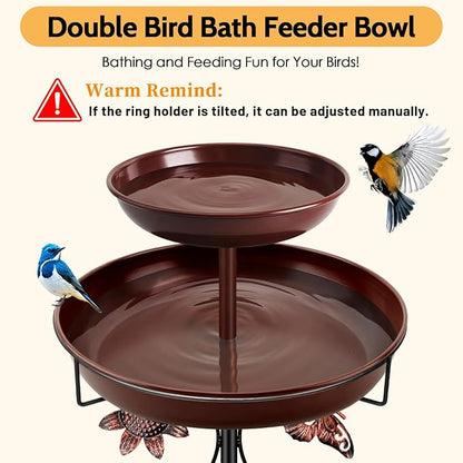 Daoeny Bird Bath for Outside, 42In Vintage Freestanding Birdbaths for Outdoors, Double Metal Bird Bath Feeder Bowls for Garden Patio Yard Lawn Decor, Upgraded 5-Pronged Base (Brown)