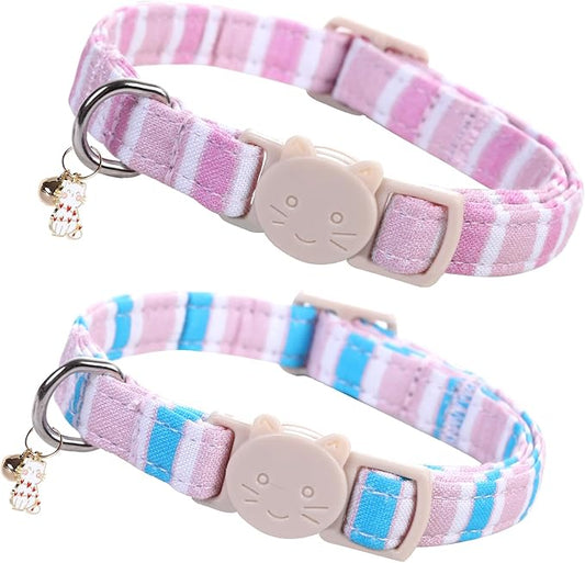 Elegant little tail 2 Pack Cat Collar-Pink Strip Cotton Breakaway Cat Collars with Bell Pendant Kitten for Girl Safety Adjustable Collar for Small Cats Puppy