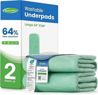 Noovirum® Washable Underpads 34"x36" (Pack of 2) -Reusable Incontinence Pads for Kids, Adults, Elderly, Pets - Waterproof Protective Pad for Bed, Sofa, Furniture, Floor- Reusable Mattress Protector
