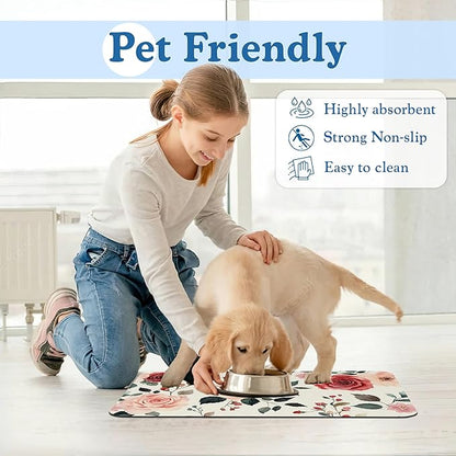 Pink Flower Leaf Pet Feeding Mat–Christmas Stocking Quick Dry Absorbent Dog Cat Food Mat, Non Slip Waterproof Bowl Placemat for Messy Eaters, Pet Accessories for Floors 12"x20"