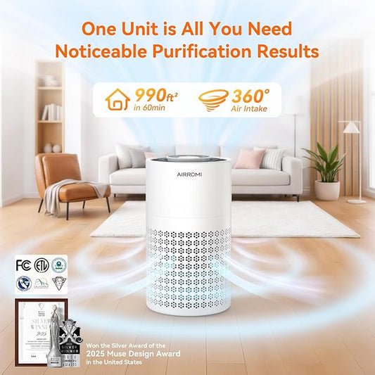 AIRROMI Air Purifier for Bedroom with HEPA 3-in-1 Filter, Pet Air Purifier for Home Cat Pee Smell, Covers Upto 990 Ft², Quiet 360° intake Air Cleaner for pet hair,allergies,Dust,Smoke A2001 White