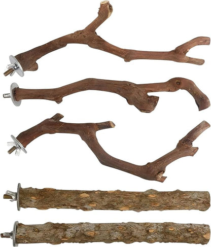 5 PCS Wood Bird Perches, Natural Grape Wood Branches with Mounts, Bird Stand and Paw Grinding Accessories, Cage Perches for Parakeet, Cockatiel, Conure, Budgie
