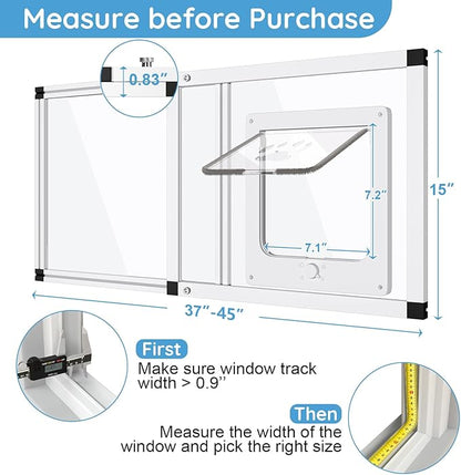 Sliding Cat Door for Window, Fits 37"-45" Width Window, 2-Min Install | Aluminum Frame + HD Glass | Weatherproof Design | Magnetic Closure Window Cat Door Insert, Adjustable Pet Door Window for Cats