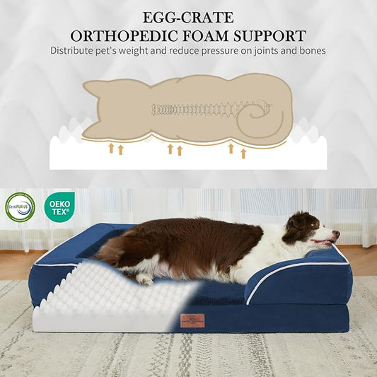 Comfort Expression Orthopedic Dog Bed for Extra Large Dogs 53x42 Inch, Waterproof Egg Crate Foam XXL Pet Bed with Removable Bolsters, Dog Couch with Washable Cover & Non-Slip Bottom, Navy Blue