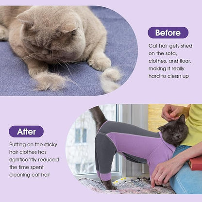 SUNFURA Hair Sticky Cat Clothes, Cat Sweater for Cats Only, 4-Legged Fleece Sweaters Kitten Pajamas Reduce Shedding Fur, Warm Pullover Shirts for Cats, Purple M