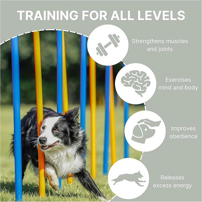 Trixie Dog Agility Slalom Course - 12 Adjustable Weave Poles Backyard Set - Portable Training Equipment with Carrying Bag & Training Guide - for All Breeds