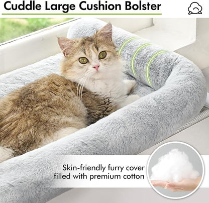 Cat Window Sill Perch with Large Bolster, Easy to Adjust & Assemble Cat Window Seat for Windowsill & Bedside, Pet Hammock Bed for Large Cats and Kittens (Grey, M)
