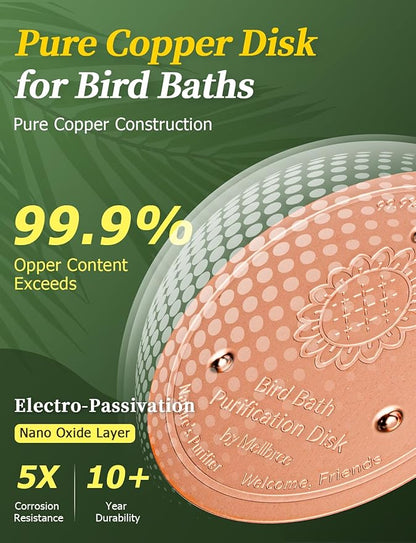 Mellbree 2-Pack Bird Bath Copper Disk, 0.6mm Reinforced 99.99% Pure Copper Cleaning Disk with Triple-Point Support for Physical Safe Clean Water, Universal Fit for Outdoor Birdbath, Bowl (Sunflower)