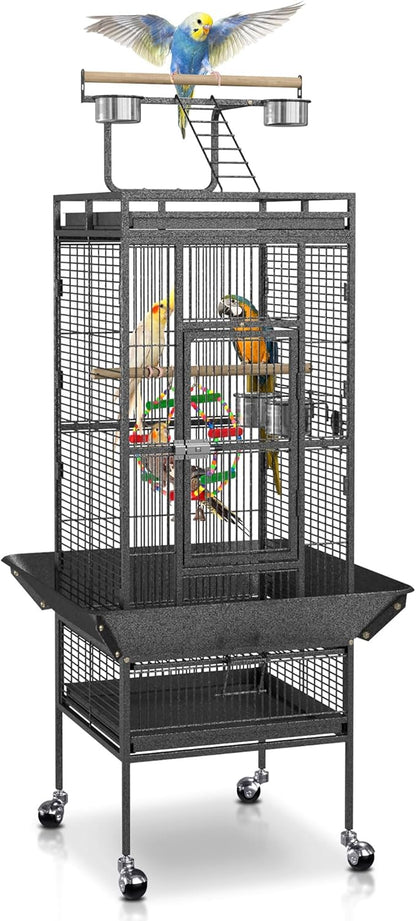 SUPER DEAL PRO 61-inch 2in1 Large Bird Cage with Rolling Stand Playtop Parrot Chinchilla Finch Cage Macaw Conure Cockatiel Cockatoo Pet House Wrought Iron Birdcage, Black