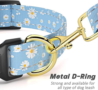 Reflective Dog Collar for Large Dogs, Cute Daisy Theme Adjustable Heavy-Duty Nylon Puppy Collar for Boy and Girl Female, Soft Pet Accessories with Quick Release Buckle, Neck 16-24", Blue