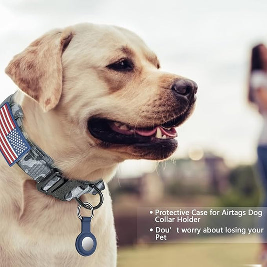 DAGANXI Tactical Dog Collar, Adjustable Military Training Nylon Dog Collar with Control Handle and Heavy Metal Buckle for Medium and Large Dogs, with Patches and Airtags Case (L, Camo-Set)