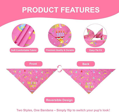 Dog Birthday Bandana Girl for Large X-Large Dogs, Reversible 2 Patterns in 1, Pink Confetti Scarf, Happy Birthday Party Outfit Puppy Gift (18-23" Neck)