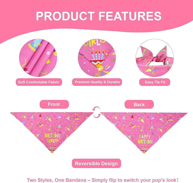 Dog Birthday Bandana Girl for Medium Large Dogs, Reversible 2 Patterns in 1, Pink Confetti Scarf, Happy Birthday Party Outfit Puppy Gift (14-18" Neck)