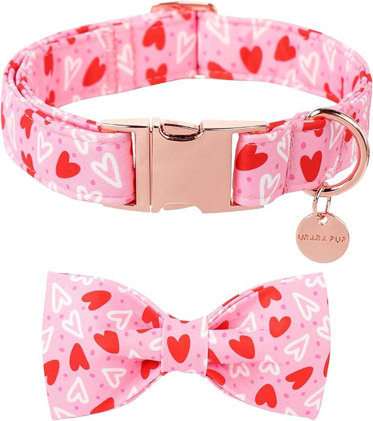 Valentine’s Day Dog Collar with Bow Tie, Red Heart Bowtie Collar with Metal Buckle, Valentine’s Day Gift Pet Collar for Puppy Girl Boy Dog or Cat, Wedding Dog Collar, XS, Neck 8-12in
