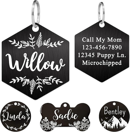 Ultra Joys Stainless Steel Pet ID Tag Dog Name Tags Personalized Front and Back Engraving, Customized Dog Tags and Cat Tag, Optional Engraved on Both Sides, Hexagon Tag with Vine Design, Large