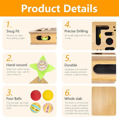 Interactive Wooden Cat Scratch Puzzle Enrichment Box,Cat Nail File Enrichment Box, Features Built in Sandpaper to Help Trim Claws During Play. (Burlywood Color)