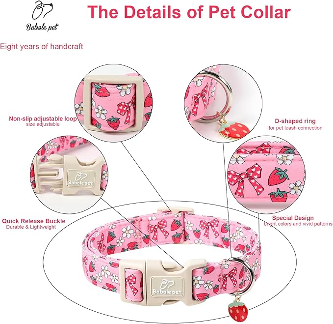 Strawberry Bow Dog Collar for Small Dogs - Cute Pink Spring/Summer Girl Dog Collars, Lightweight Adjustable Female Girly Dogs Collars with Quick Release Buckle S