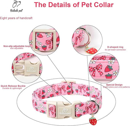 Strawberry Bow Dog Collar for Giant Large Dogs - Cute Pink Spring/Summer Girl Dog Collars, Lightweight Adjustable Female Girly Dogs Collars with Quick Release Buckle XL