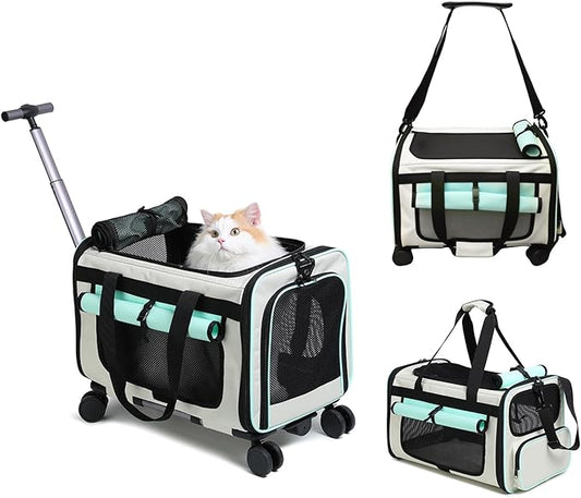 Expandable Pet Carrier with Wheels for Small Dogs and Cats,Airline Approved Rolling Cat Carrier with Removable Platform,18"X11"X14",Foldable Soft-Sided Travel Bag Fits Under Seat,Up to 16 lbs(Green)