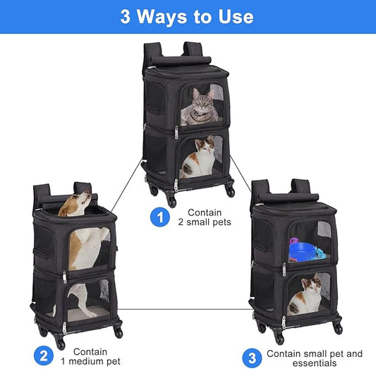 Double Pet Carrier Backpack with Wheels for Small Cats and Dogs, Rolling Cat Travel Carrier, Super Ventilated Design, Ideal for Traveling/Hiking/Camping, Black
