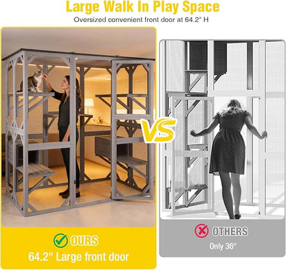 Aivituvin Cat House Outdoor Catio Kitty Enclosure with Super Large Enter Door,Wooden Cat Cage Condo Indoor Playpen with Platforms,Small House 71 Inch