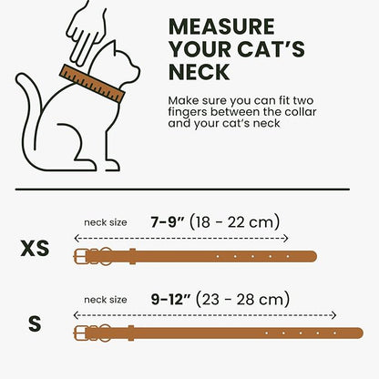 BRONZEDOG Leather Cat Collar with Removable Bells Non Breakaway Kitten QR Tag for Girl Boy (9" - 12" Cats/Mini Dogs, Light Brown & Gold)
