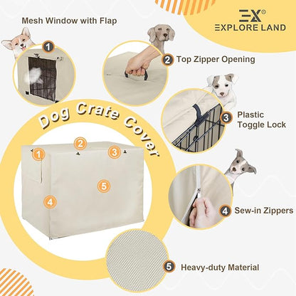 Explore Land 48 inches Dog Crate Cover Heavy Duty Polyester Pet Kennel Sunshade Universal Fit for Wire Cage (Light Tan)